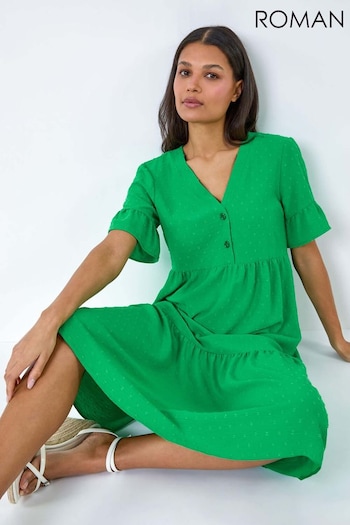 Roman Green Textured Spot Frill Tiered Midi Dress (B73428) | £45