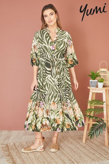 Yumi Green Viscose Zebra And Floral Print Midi Dress (B73457) | £55