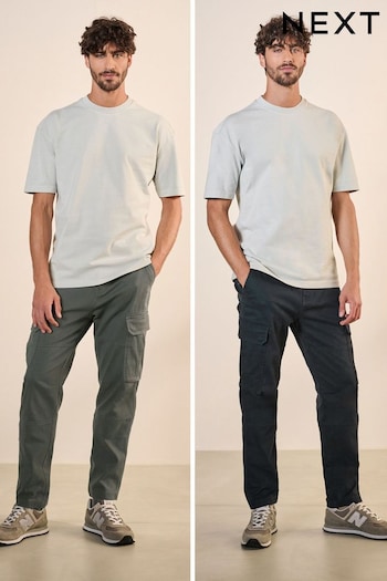 Charcoal Grey/Navy Blue Slim Fit Cotton Rich Stretch Cargo Trousers 2 Pack (B73491) | £54