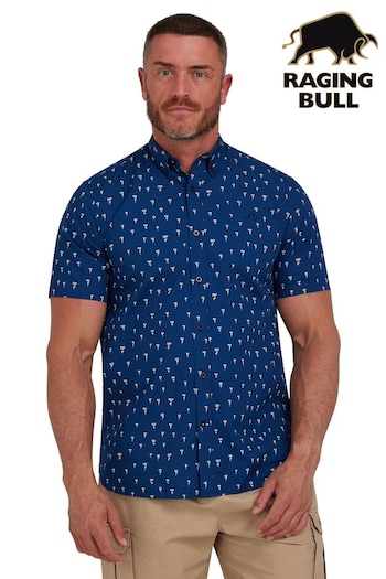 Raging Bull Blue Short Sleeve Daisy Print Poplin Shirt (B73641) | £64 - £74