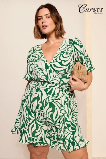 Curves Like These Green Printed Wrap Playsuit (B73672) | £46