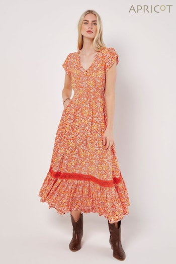Apricot Orange Ditsy Cluster Crochet Maxi Dress (B73711) | £45