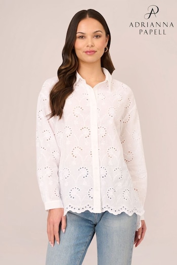 Adrianna Papell Eyelet Button Front Tunic White Shirt (B73877) | £59