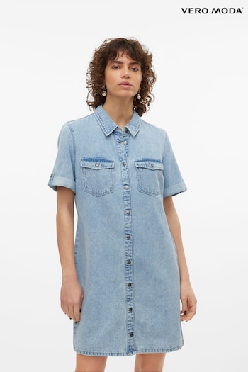 VERO MODA Blue Utility Denim Short Sleeve Shirt Dress (B73956) | £38