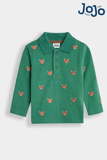 JoJo Maman Bébé Green Highland Cow Long Sleeve Print Polo Shirt (B73963) | £19