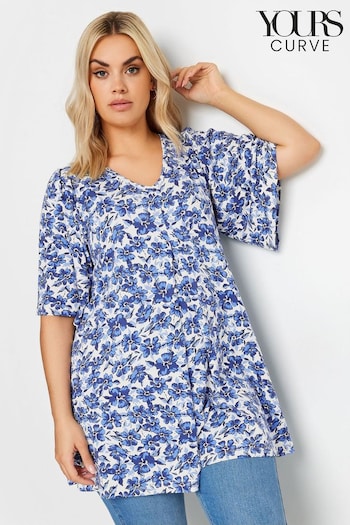 Yours Curve Blue Floral Pleated Swing Top (B74196) | £24