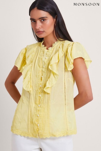 Monsoon Yellow Rue Embroidered Ruffle Blouse (B74444) | £65
