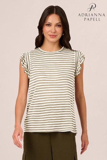 Adrianna Papell Animal Ruffle Sleeve Striped Crew Neck Slub T-Shirt (B74521) | £39