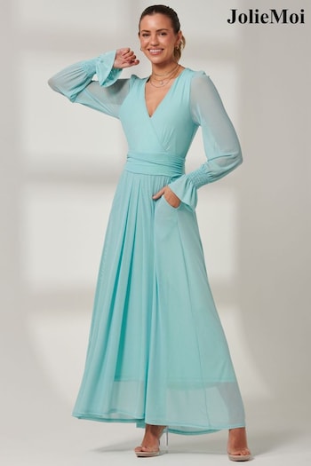 Jolie Moi Green Greta Long Sleeve Mesh Maxi Dress (B74557) | £89