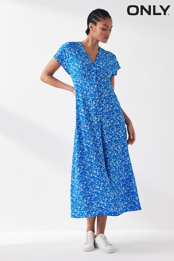 ONLY Blue Printed Short Sleeve Button Up Midi Shirt Dress slim (B74776) | £38