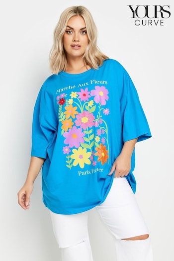 Yours Curve Blue Floral Print 'Paris' Slogan Oversized T-Shirt (B74990) | £20