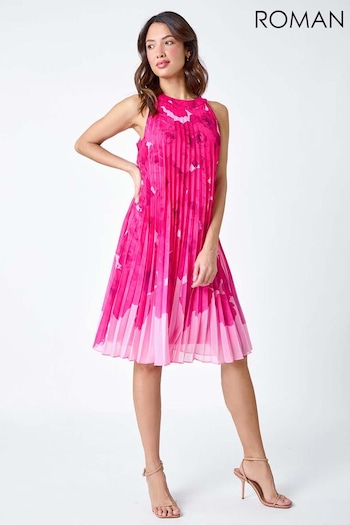 Roman Pink Halter Neck Floral Pleated Swing Dress (B75017) | £65