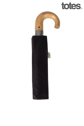 Totes Black ECO-BRELLA® Auto Open Wood Crook Handle Umbrella (B75200) | £20