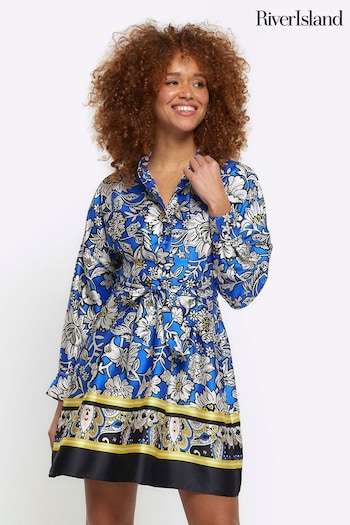 River Island Blue Floral Belted Mini Shirt Dress (B75320) | £45