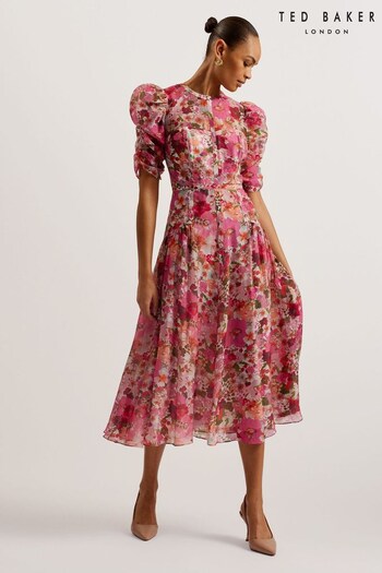 Ted Baker Pink Botani Puff Sleeve Midi Dress (B75465) | £250