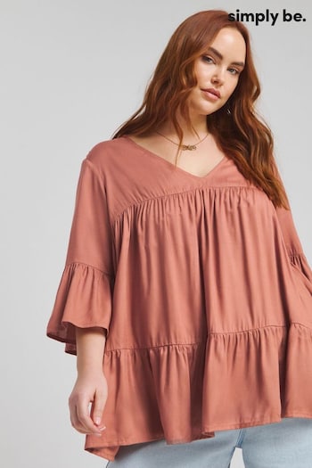 Simply Be Pink Linen V-Neck Tiered Smock Blouse (B75522) | £26