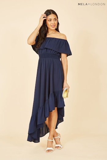Mela Blue Bardot Maxi Dress With Asymmetric Hem (B75666) | £40