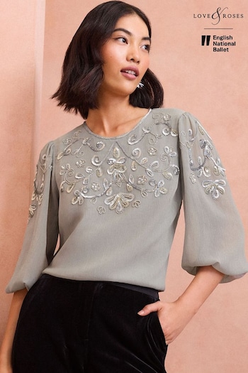 Love & Roses Grey Embellished 3/4 Sleeve Blouse (B75792) | £54