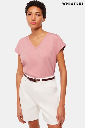 Whistles Pink Willa V-Neck Cap Sleeve T-Shirt (B75803) | £35