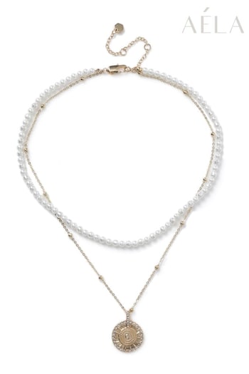 Aela Gold Tone Pearl and Disc Multirow Necklace (B75843) | £20