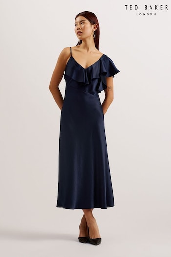 Ted Baker Blue Keomi Waterfall Ruffle Midi Slip Dress (B76064) | £225