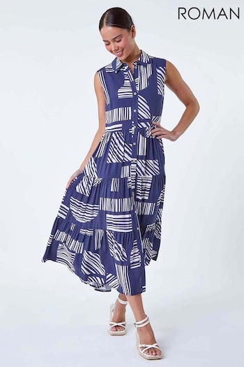 Roman Blue Geometric Midi Shirt graphic-print Dress (B76115) | £48