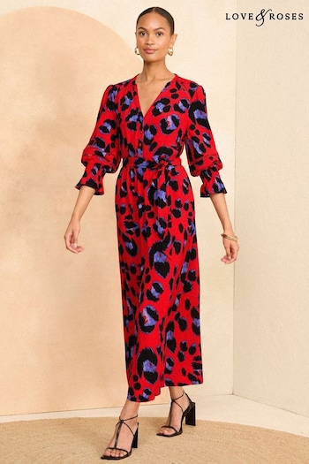 Love & Roses Red Animal Printed 3/4 Sleeve Belted Midi Dress Logo (B76117) | £58