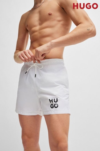 HUGO Quick-Dry Swim White Shorts With Stacked-Logo Print (B76235) | £49