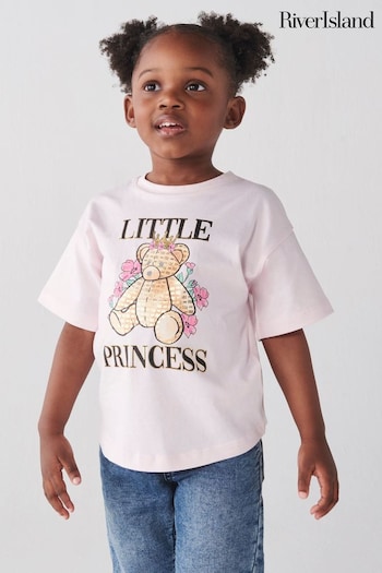River Island Pink Mini Girls Princess Floral Bear T-Shirt (B76236) | £10