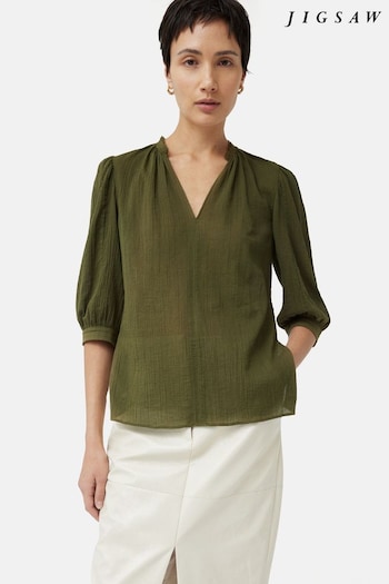 Jigsaw Green Cotton Crinkle Cicelly Top (B76313) | £95