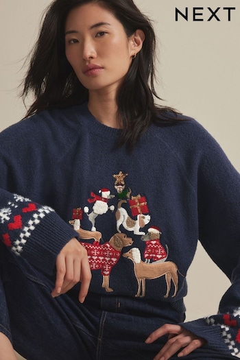 Blue Navy Dog Graphic Knitted pattern Jumper (B76401) | £38