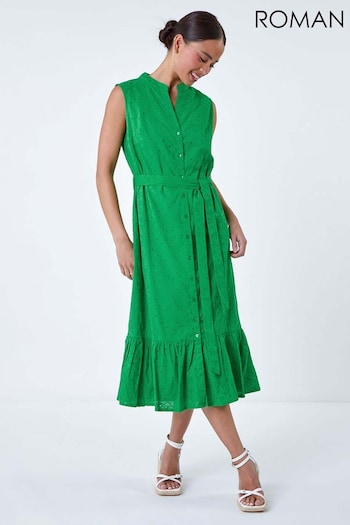 Roman Green Cotton Broderie Frill Midi Dress (B76427) | £45