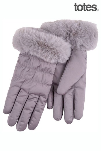 Totes Grey Water Repellent Padded Smartouch Gloves With Faux Fur Cuff (B76508) | £20