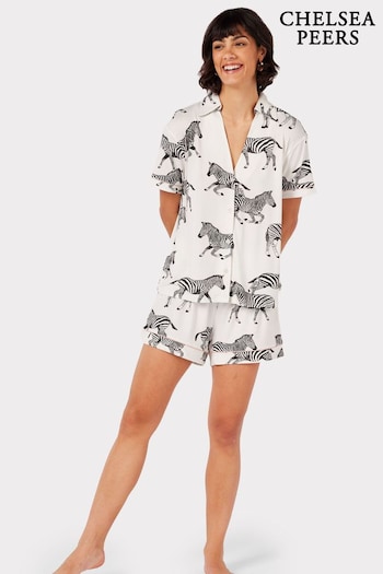 Chelsea Peers White Zebra Print V-neck Button Up Short Pyjama Set (B76688) | £32