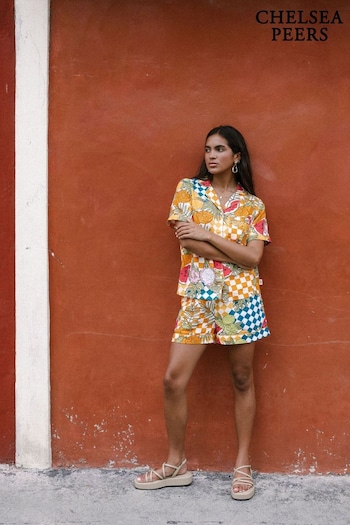 Chelsea Peers Brown Linen-Blend Fruit Checkerboard Print Short Pyjama Set (B76772) | £60