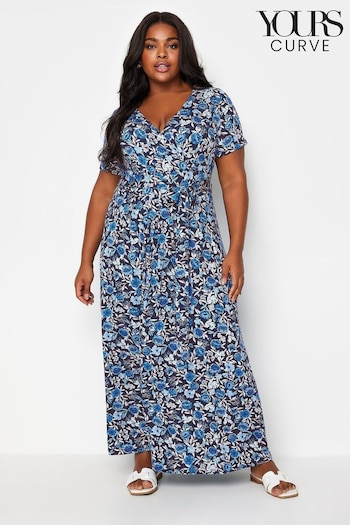 Yours Curve Blue Navy Blue Floral Print Wrap Maxi Dress Gray (B76774) | £39