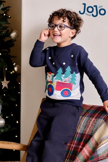 JoJo Maman Bébé Navy Santa And Reindeer Tractor Sweatshirt (B76923) | £26