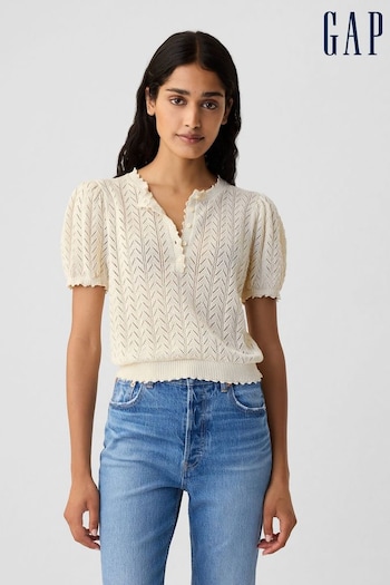 Gap Cream DÔEN Linen-Blend Pointelle Short Sleeve Knit Top (B77017) | £55