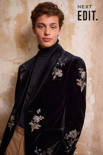 Black EDIT Embroidered Velvet Blazer (B77066) | £99