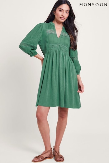 Monsoon Green Lia Lace Trim Dress jersey (B77131) | £69