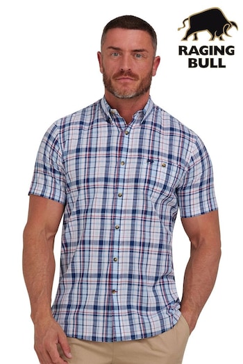 Raging Bull Blue Short Sleeve Large Multi Check Linen Look Shirt (B77132) | £64 - £74