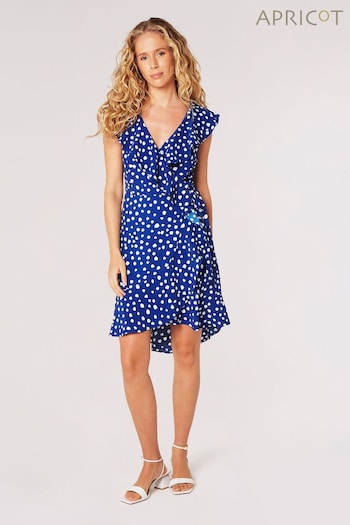 Apricot Blue Painterly Dot Ruffle Wrap Mini Dress (B77170) | £35