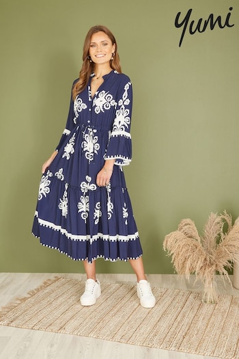Yumi Blue Viscose Midi Dress With Long Sleeves (B77237) | £55