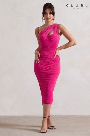 Club L Pink Bellini Asymmetric Ruched Midi floral-embroidered Dress (B77262) | £85