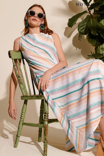 Monsoon Multi Aubree Stripe Dress in Linen Blend (B77310) | £80