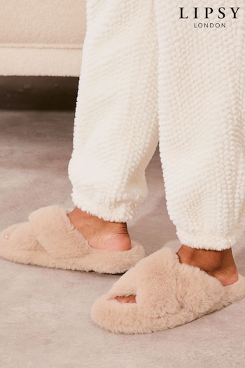 Lipsy Beige Cross Strap Super Soft Faux Fur Nightwear Slippers (B77421) | £17