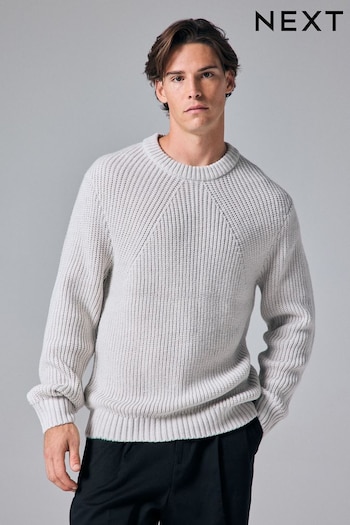 Ecru White Crew Neck Regular Fit Rib Texture Jumper with Wool (B77628) | £40