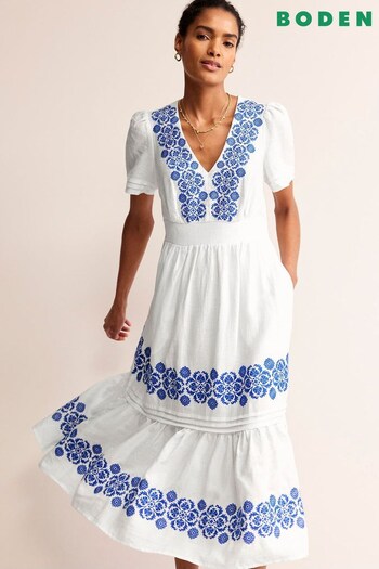 Boden White Eve Linen Midi Dress (B77712) | £155