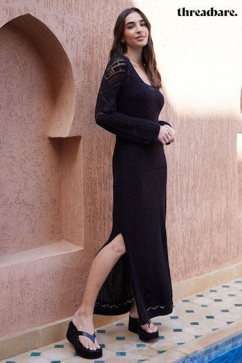 Threadbare Black Lined Long Sleeve Crochet Maxi Dress (B77768) | £36