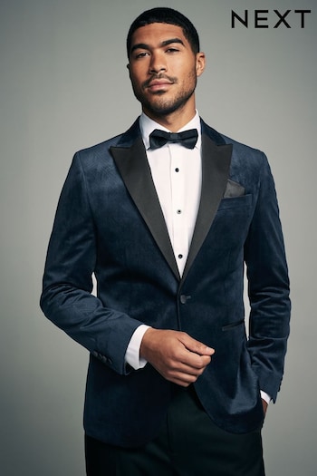 Navy Slim Fit Patterned Velvet Blazer (B77819) | £89